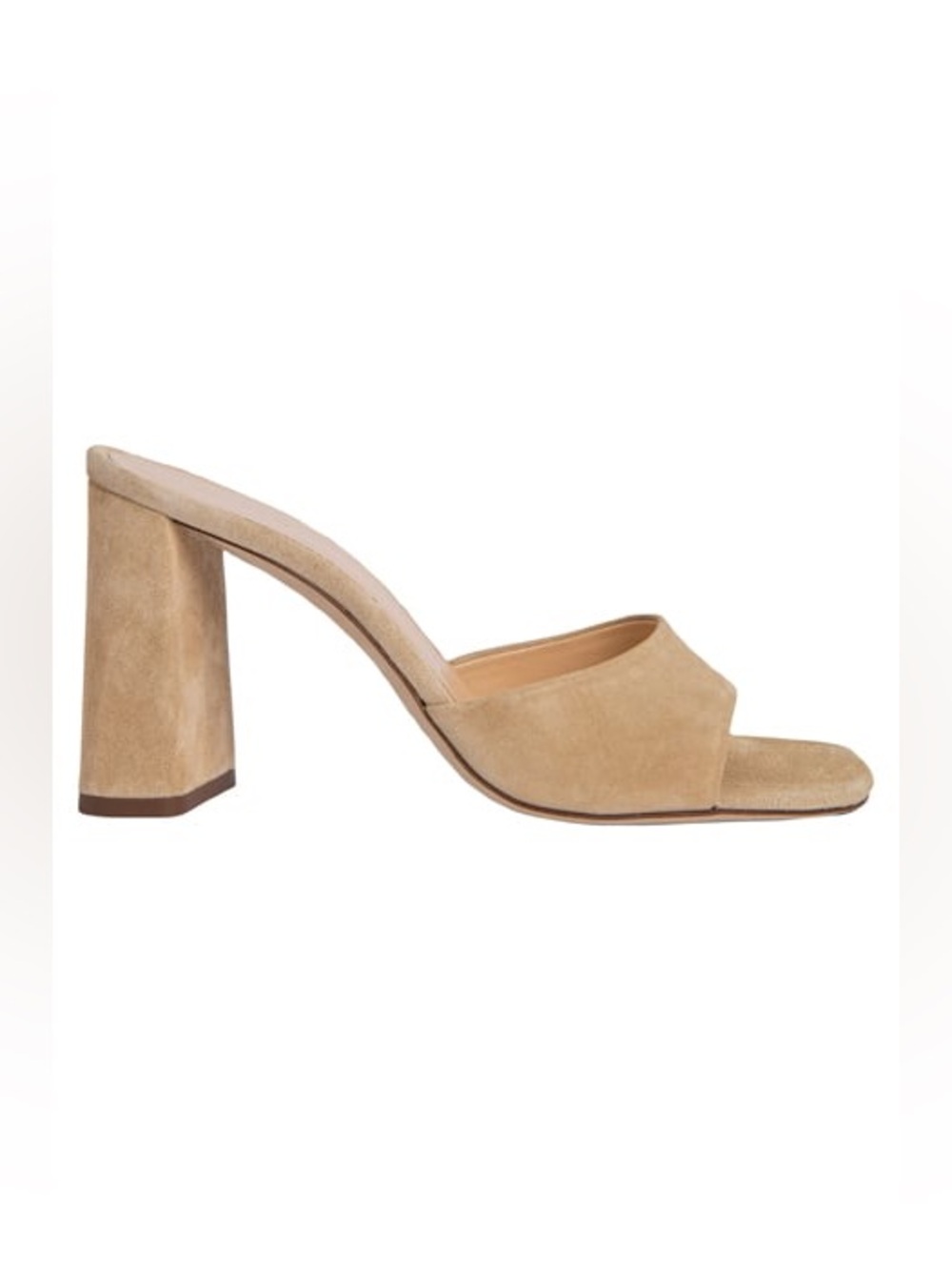 BY FAR Suede Open-Toe Block Heel Mule in Tan Nude Beige Skintone